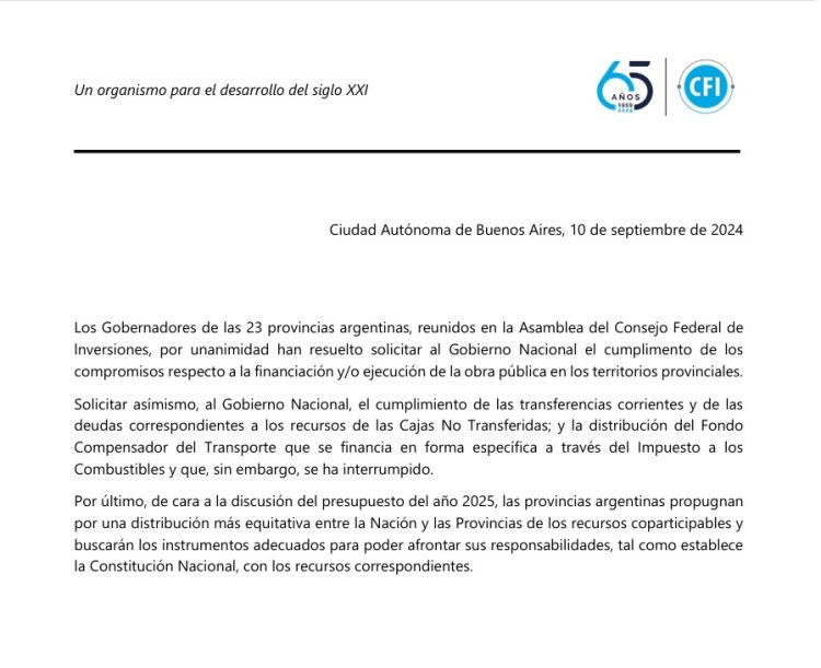 Pedido de los gobernadores a Milei: obras públicas y pago de deudas. También firmó Insfrán