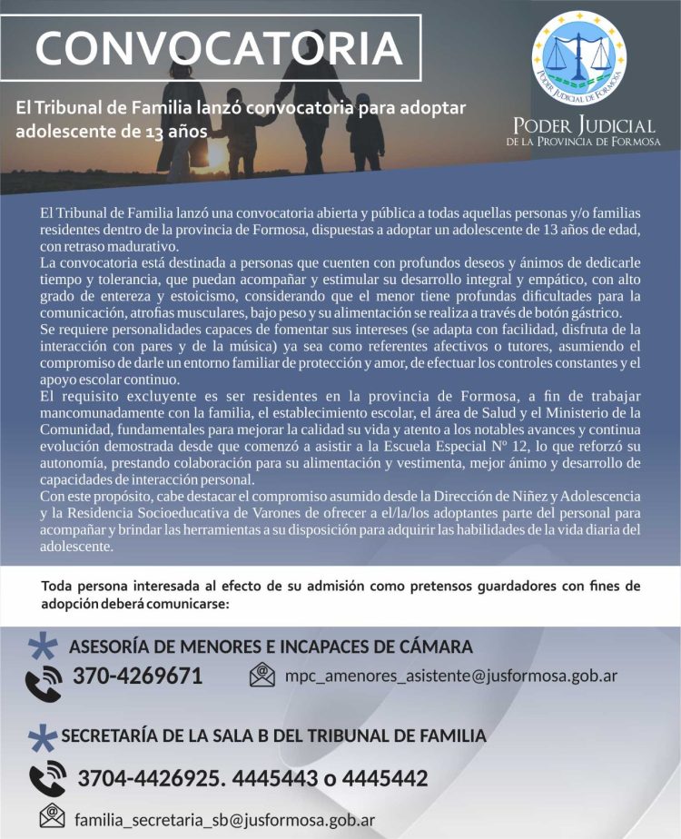 El Tribunal de Familia lanzó convocatoria para adoptar adolescente de 13 años