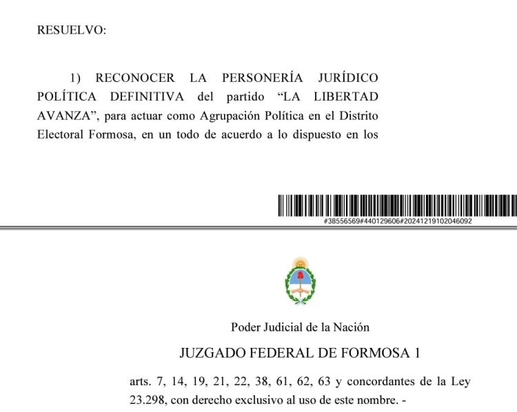 La Libertad Avanza logró su reconocimiento definitivo en la Justicia Federal con competencia electoral en Formosa