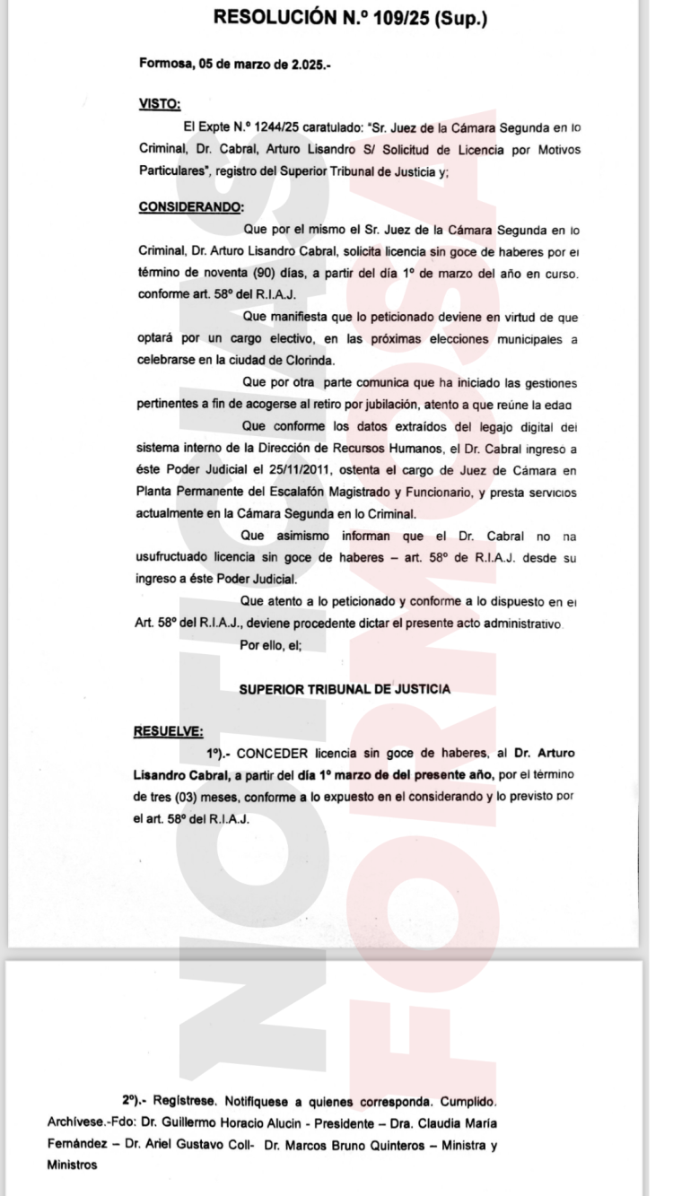 Juez Cabral dice que puede ser candidato a intendente porque le concedieron licencia e inició trámites para jubilarse 