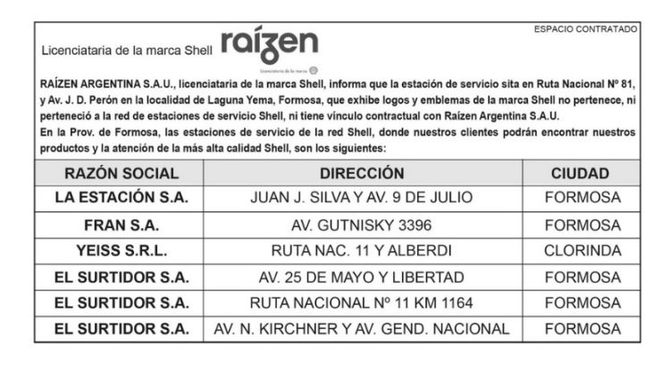 Raízen Argentina informa sobre estación de servicio que utiliza la marca Shell sin autorización en Laguna Yema