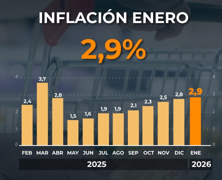 La inflación de enero fue de 2,9% y acumuló 32,4% en los últimos doce meses